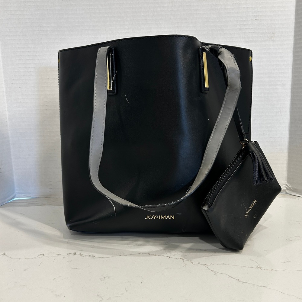 Joy & Iman Black Toteโ Bag Faux Leather Shoulder Strap Purse Pouch Gold Hardware